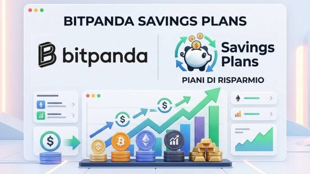 Piani di risparmio Bitpanda: interfaccia della piattaforma con grafici di crescita e investimenti ricorrenti automatizzati in Bitcoin e asset reali