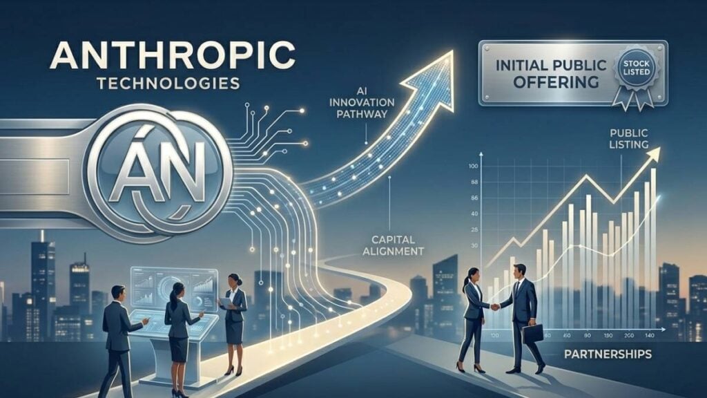 quotazione in borsa (IPO) di Anthropic Technologies, con grafici finanziari in crescita, manager e richiami visivi allo sviluppo dell'intelligenza artificiale