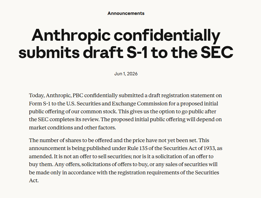 Comunicato ufficiale di Anthropic sul deposito confidenziale della bozza S-1 alla SEC per la possibile IPO