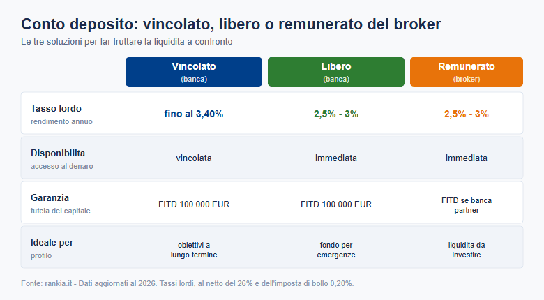 Confronto tra conto deposito vincolato, libero e conto remunerato del broker