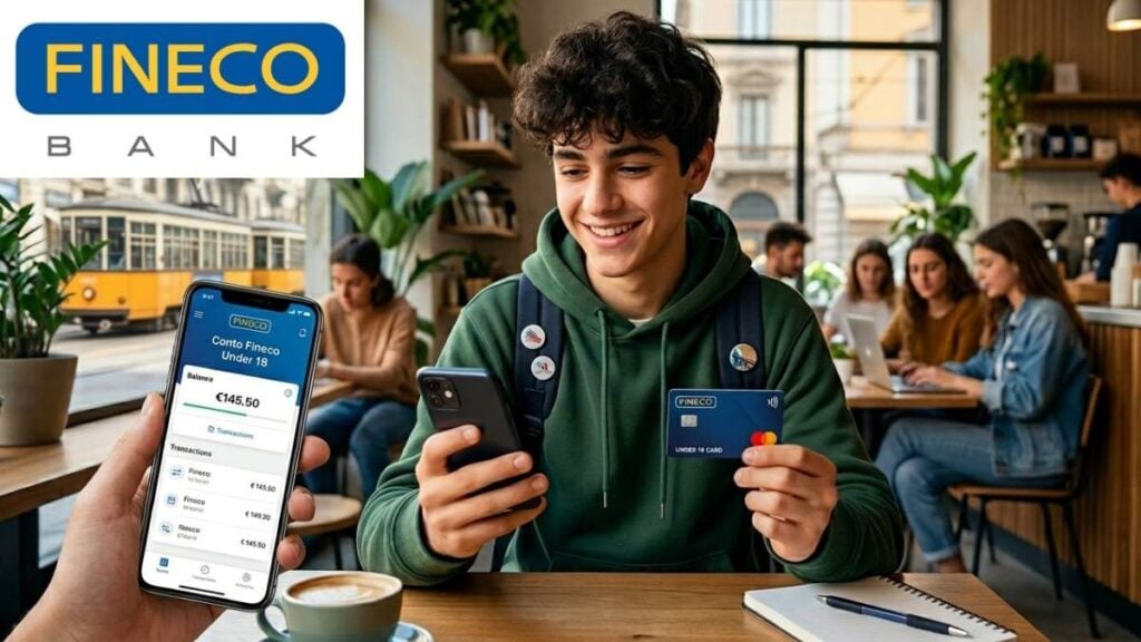 Un giovane ragazzo in un bar moderno che utilizza lo smartphone e mostra una carta di pagamento per il Conto Fineco Under 18.