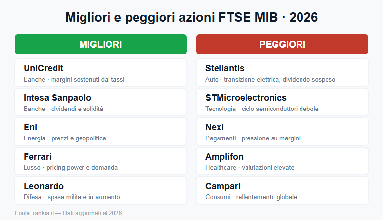 Confronto tra migliori e peggiori azioni FTSE MIB nel 2026