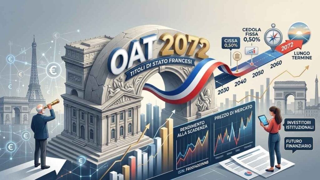 Grafica illustrativa per un articolo sui titoli di Stato francesi "OAT 2072", con l'Arco di Trionfo, grafici finanziari e una linea temporale che si estende fino al 2072.