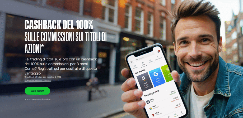 Cashback eToro sulle azioni con rimborso del 100% delle commissioni fino a 100 dollari per 90 giorni