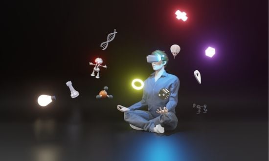 Persona con visore VR circondata da icone tecnologiche.