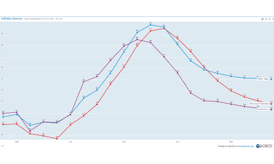 Grafico andamento inflazione in vari paesi dal 2008 al 2016.