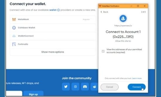 Connessione portafoglio MetaMask a sito web OpenSea.