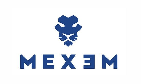 Logo Mexem con testa di leone blu.
