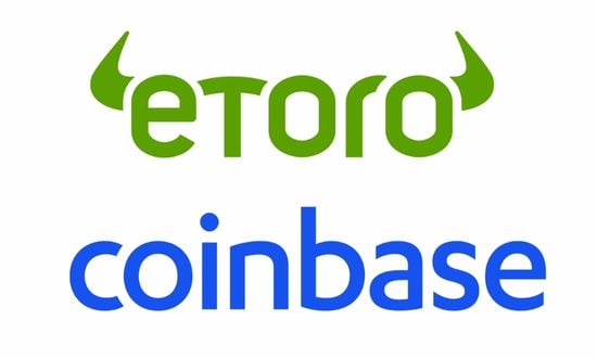 Loghi di eToro e Coinbase su sfondo bianco.