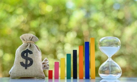 Sacchetto di denaro, grafico a barre, clessidra.