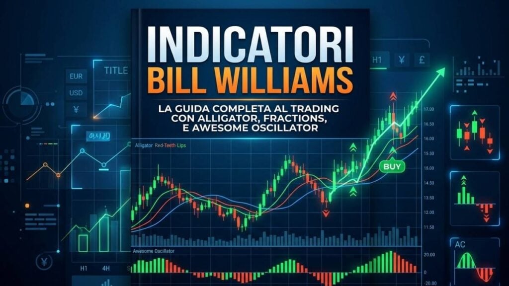 candele giapponesi, le linee dell'indicatore Alligator, l'istogramma dell'Awesome Oscillator e una freccia verde di trend rialzista con il pulsante "BUY"