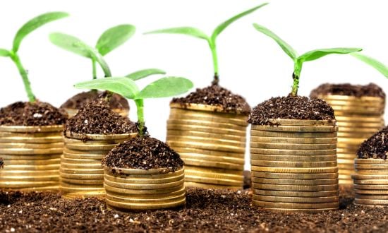Crescita economica rappresentata da piante su monete d'oro.