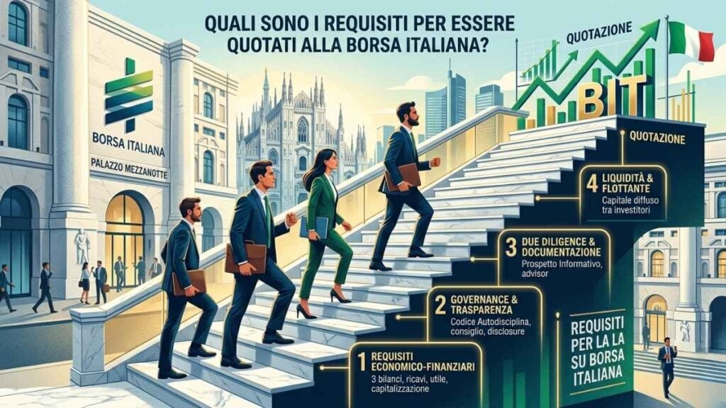 Infografica sui requisiti per la quotazione alla Borsa Italiana, con manager che salgono una scalinata simboleggiante i quattro step: requisiti economico-finanziari, governance, due diligence e liquidità. Sullo sfondo Palazzo Mezzanotte a Milano.