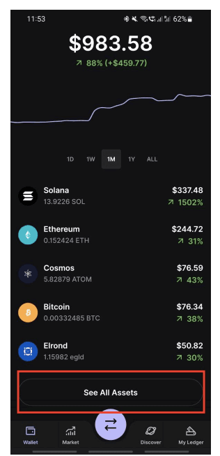 Esempio del visualizzatore di criptovalute del marchio di cold wallets “Ledger”, su un dispositivo mobile