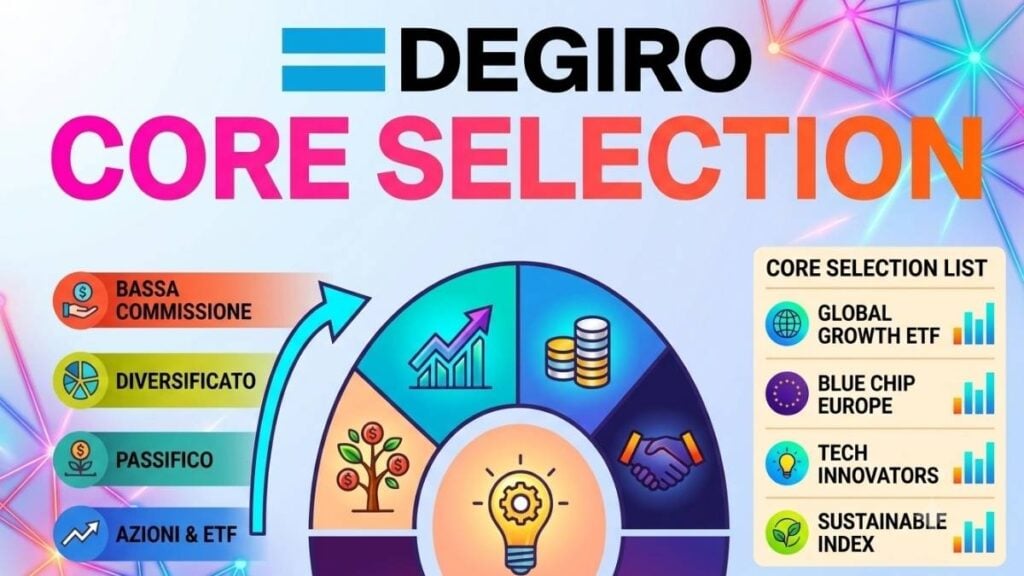 Infografica della "DEGIRO Core Selection" con logo ufficiale, dettagli sulle commissioni basse, diversificazione e lista di ETF e azioni globali.