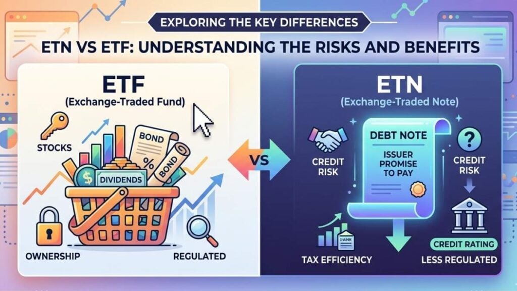 a sinistra un paniere di titoli regolamentati rappresenta gli ETF (Exchange-Traded Fund), a destra un titolo di debito rappresenta gli ETN (Exchange-Traded Note), evidenziando il rischio di credito
