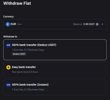 Opzioni di prelievo fiat in euro su piattaforma.