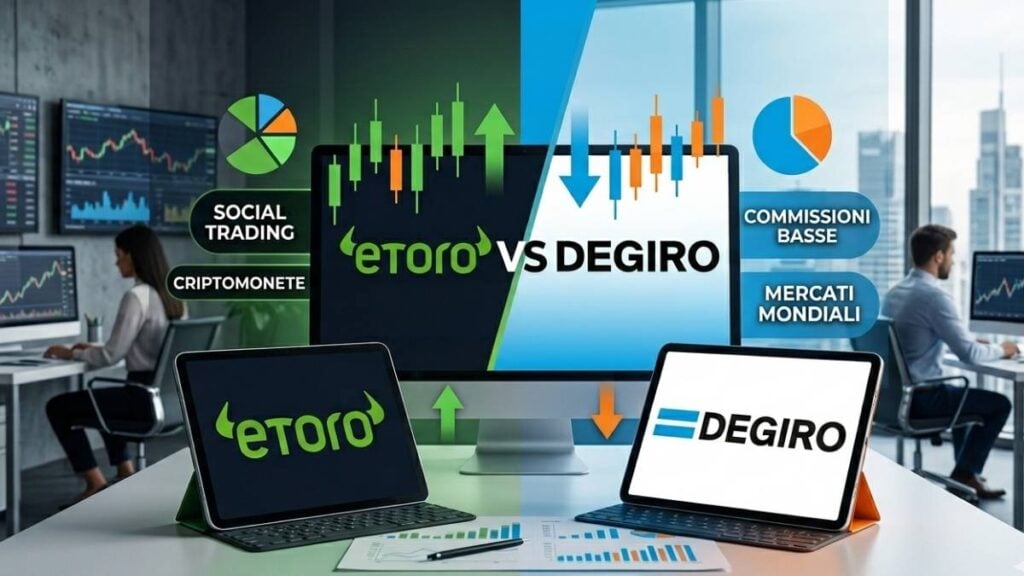 confronto eToro vs DEGIRO, con loghi dei broker, grafici finanziari e scritte sulle caratteristiche delle piattaforme