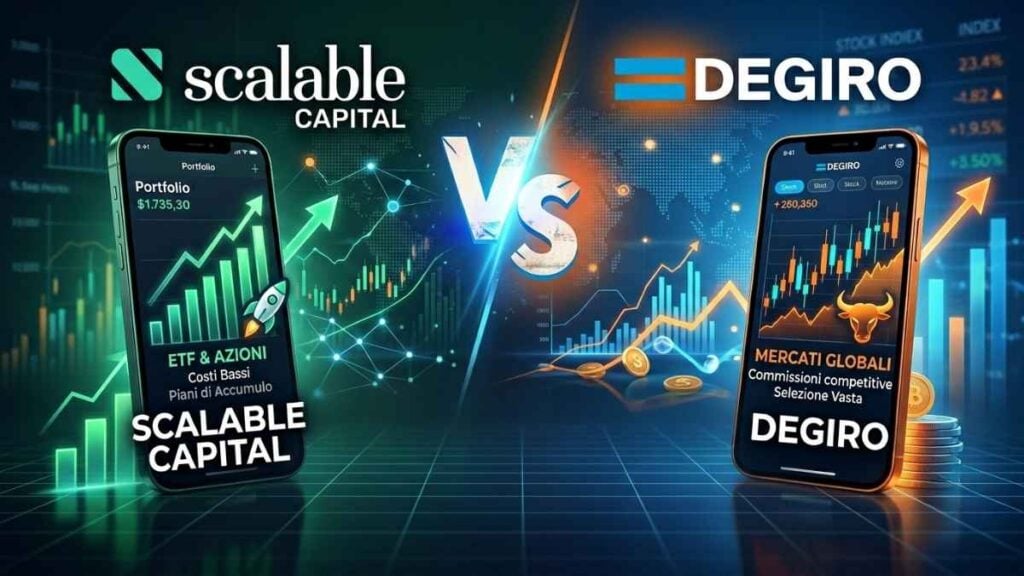 Confronto grafico tra i broker Scalable Capital e Degiro con smartphone che mostrano grafici di trading finanziario e loghi ufficiali su sfondo tecnologico.