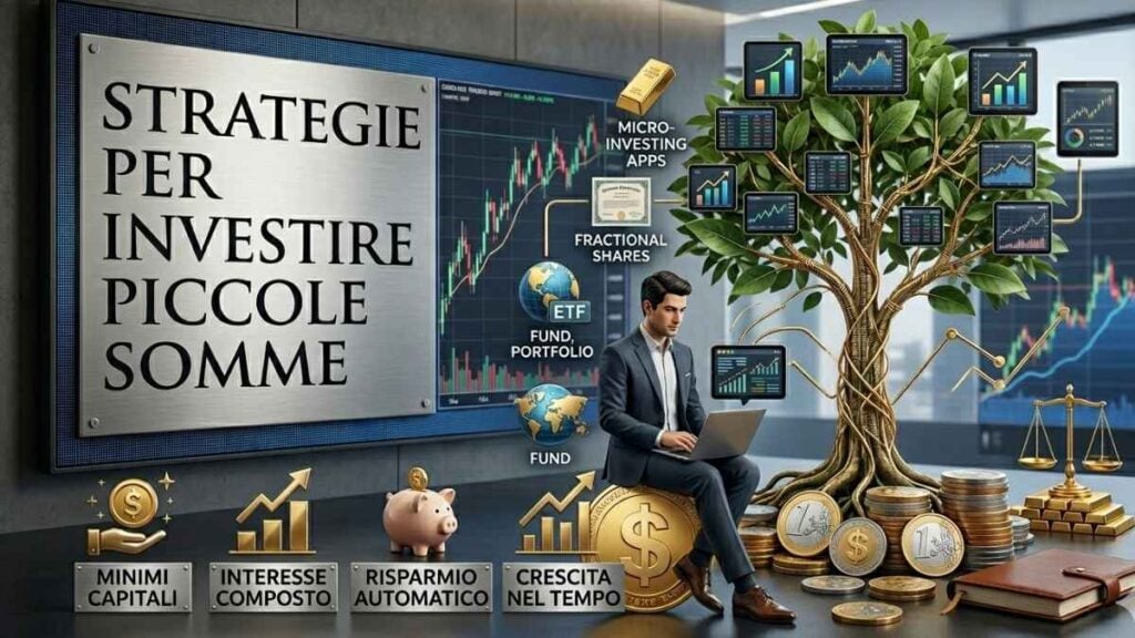 "Strategie per investire piccole somme", raffigurante un investitore, grafici finanziari e un albero della crescita economica