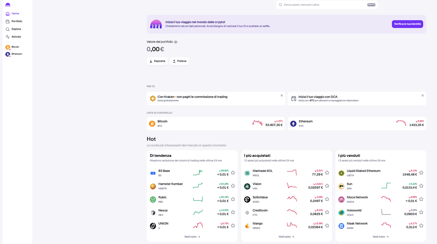 interfaccia web della piattaforma kraken