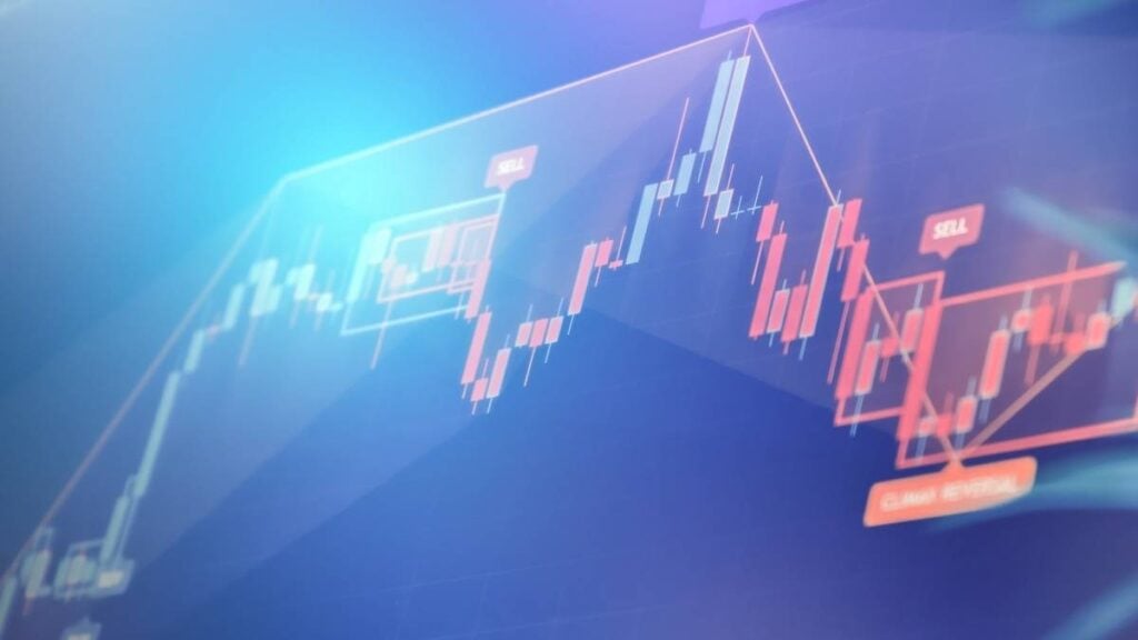 grafico di trading buy-sell virtuale su sfondo blu