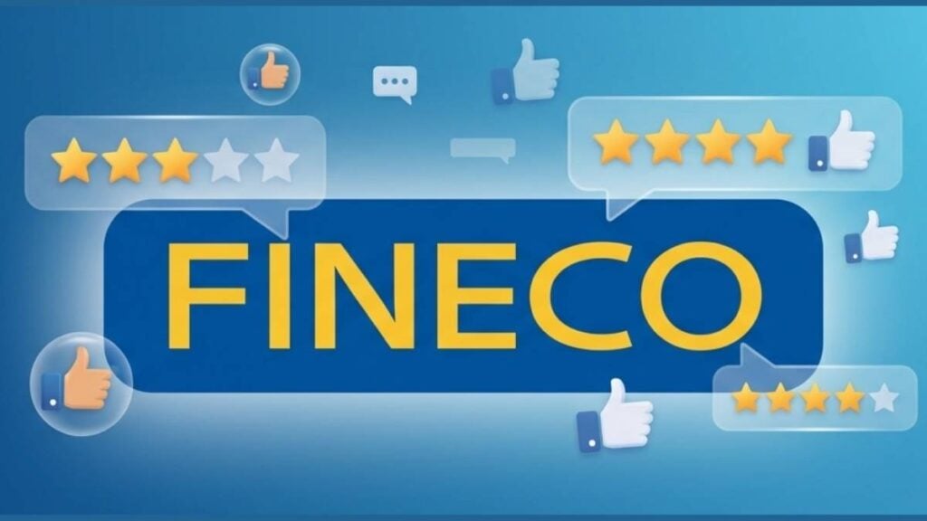 logo fineco con fondo azzurro con like e stelline di punteggio