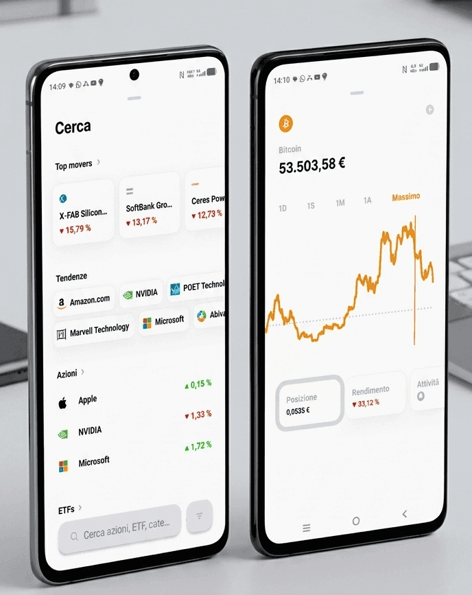 Schermata dell'app Trade Republic con azioni e cripto