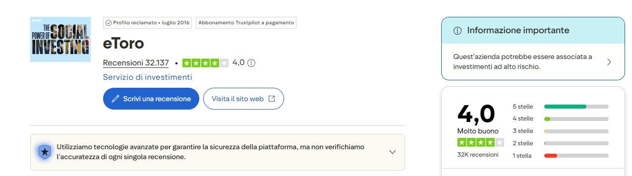 Recensioni eToro su Trustpilot aggiornate a ottobre 2026