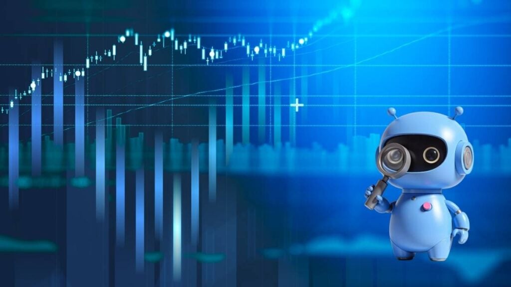 robot su sfondo di grafico di trading in azzurro