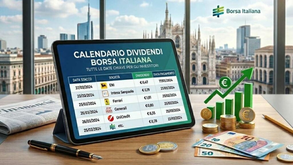 Tablet con tabella del calendario dividendi di Borsa Italiana su una scrivania con banconote e grafico finanziario.