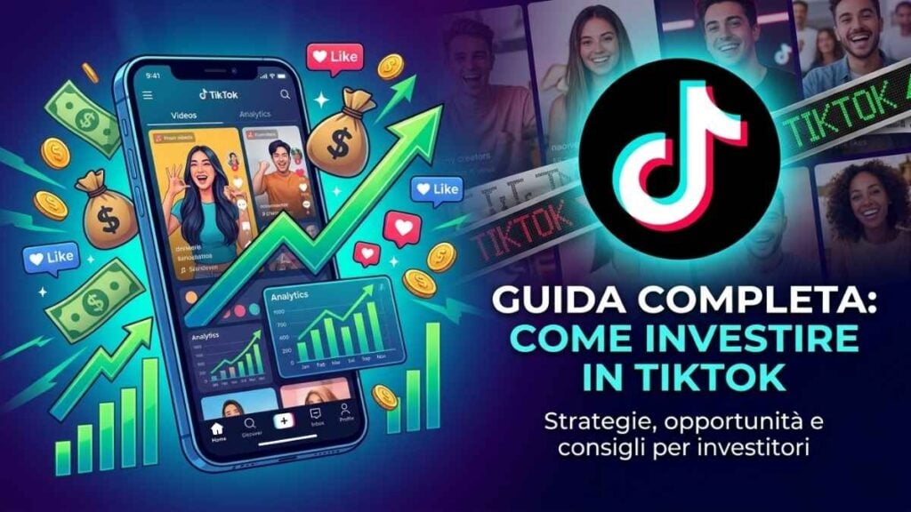"Come investire in TikTok" con il logo ufficiale del brand, uno smartphone che mostra grafici finanziari in crescita, monete e il titolo della guida su sfondo neon.