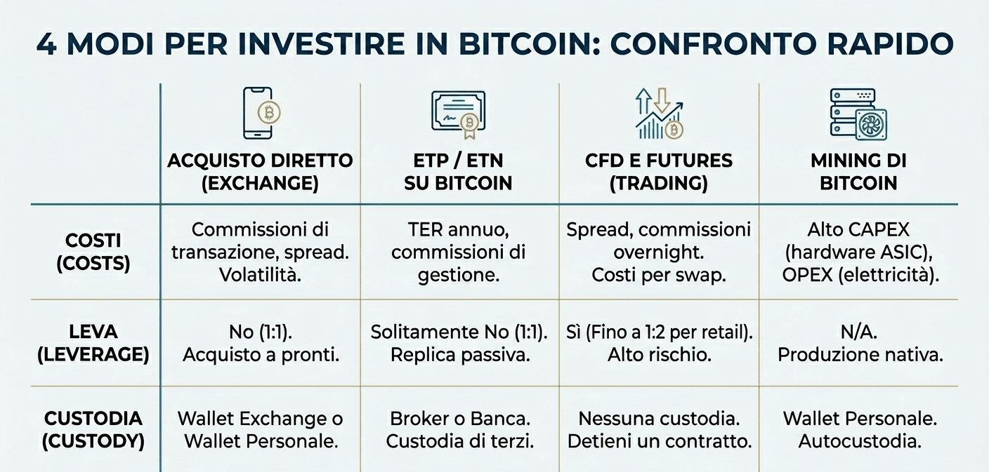 Confronto fra 4 modi per investire in Bitcoin: acquisto diretto, ETP, CFD e mining
