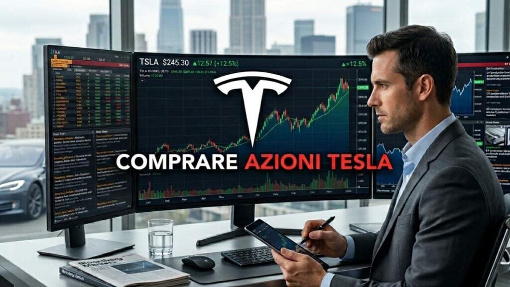 Analisi finanziaria in ufficio per comprare azioni Tesla, con grafici di borsa e logo del brand