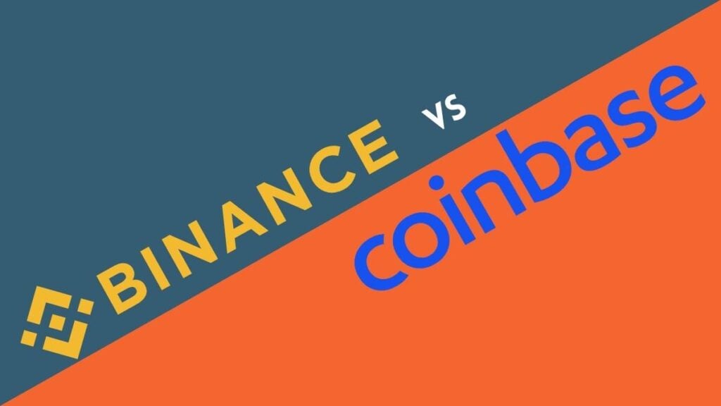 logo binance fondo azzurro vs logo coinbase fondo rosso