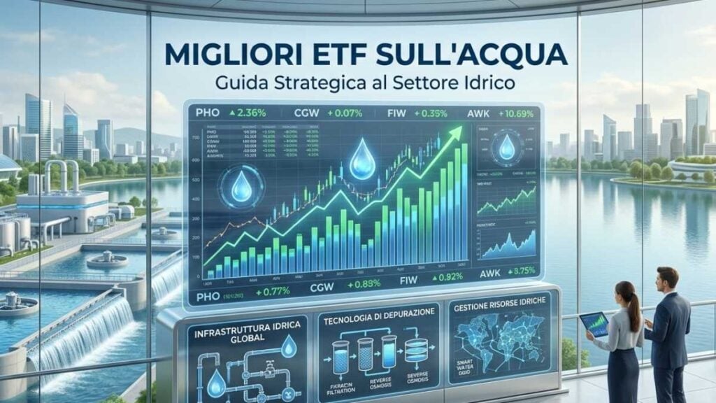 Grafico finanziario dei migliori ETF sull'acqua con analisti in un ufficio moderno e impianto idrico sullo sfondo