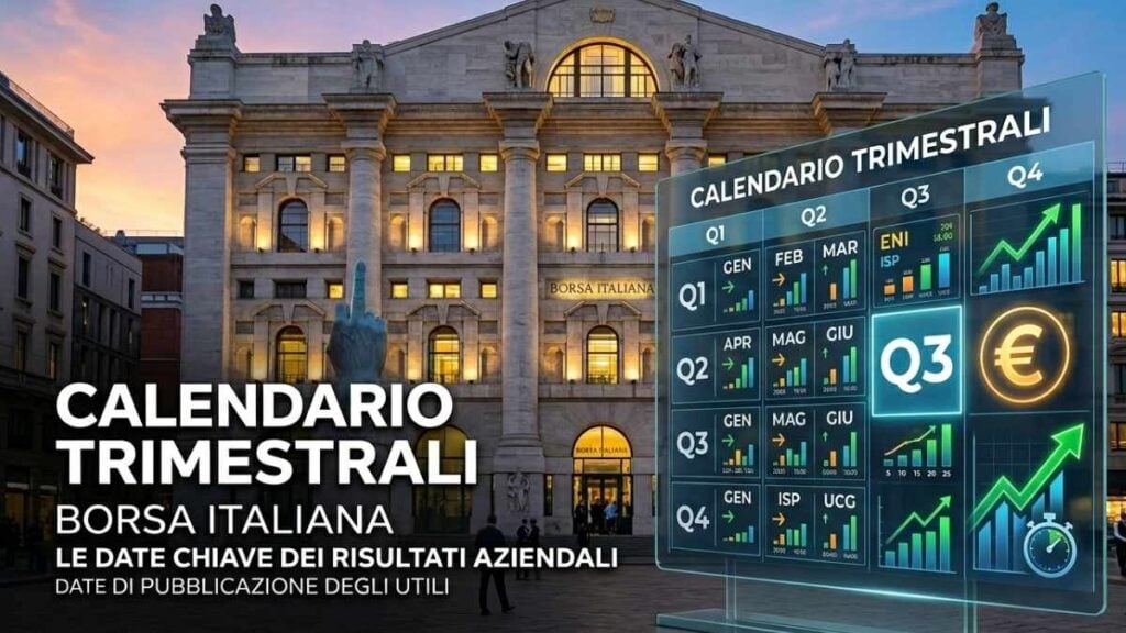 calendario delle trimestrali della Borsa Italiana con Palazzo Mezzanotte sullo sfondo e un grafico finanziario digitale in primo piano