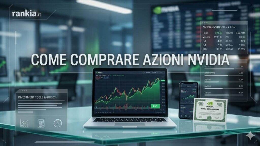 come comprare azioni nvidia su sfondo di pc e ambiente informatico