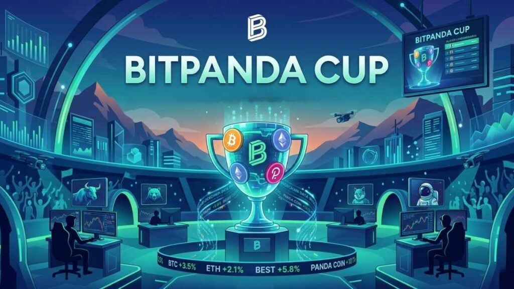 bitpada cup con trofeo al centro con simboli delele criptovalute, sfondo blu e verde