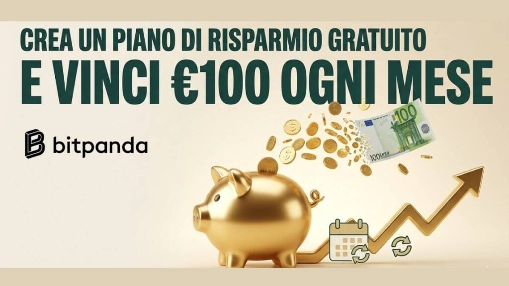 Bitpanda Savings Plans con salvadanaio d'oro e grafico di crescita finanziaria per la promozione del piano di risparmio automatico