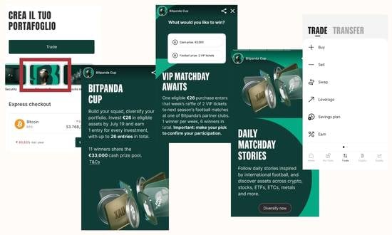 diverse chermate dell'app bitpand aper la bitpanda cup
