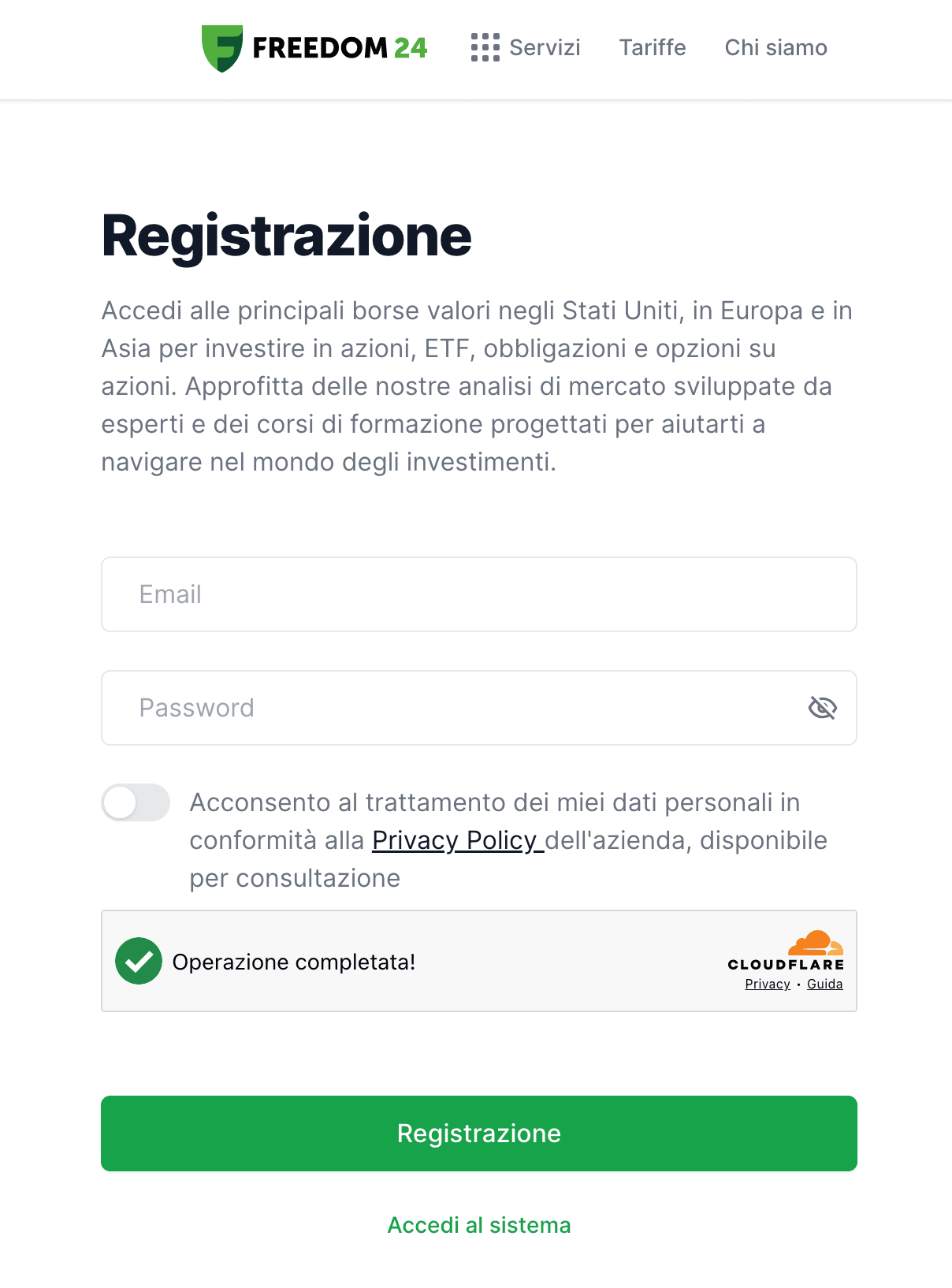 pagina iniziale per registrazione dell'account