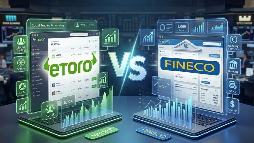 Confronto tra le piattaforme di trading eToro e Fineco. Due laptop futuristici mostrano i rispettivi schermi con interfacce utente, grafici finanziari e i loghi ufficiali dei due brand divisi