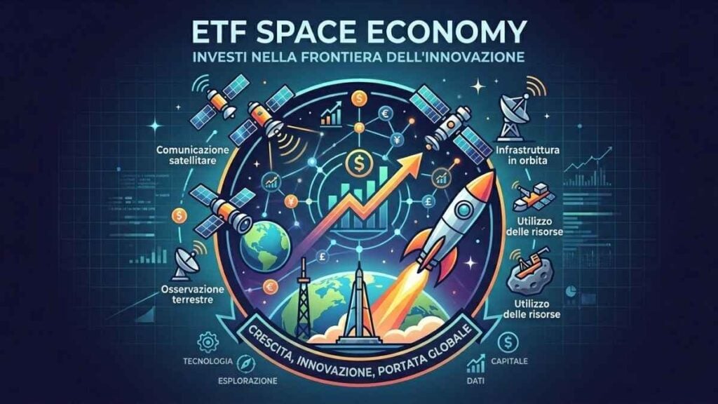 Infografica sui mercati finanziari a tema "ETF Space Economy" con scritte in italiano, icone di satelliti, un razzo in partenza e grafici di crescita economica.