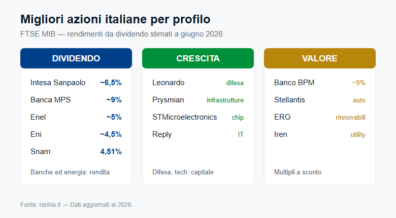 Migliori azioni italiane per profilo: dividendo, crescita e valore