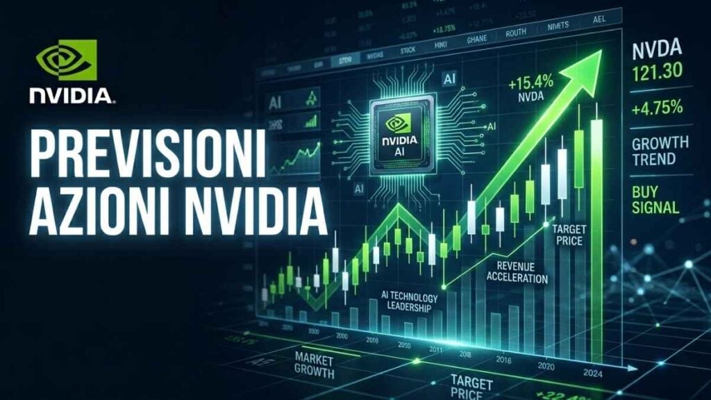 Grafico finanziario con previsioni azioni NVIDIA, logo aziendale e trend di mercato rialzista.