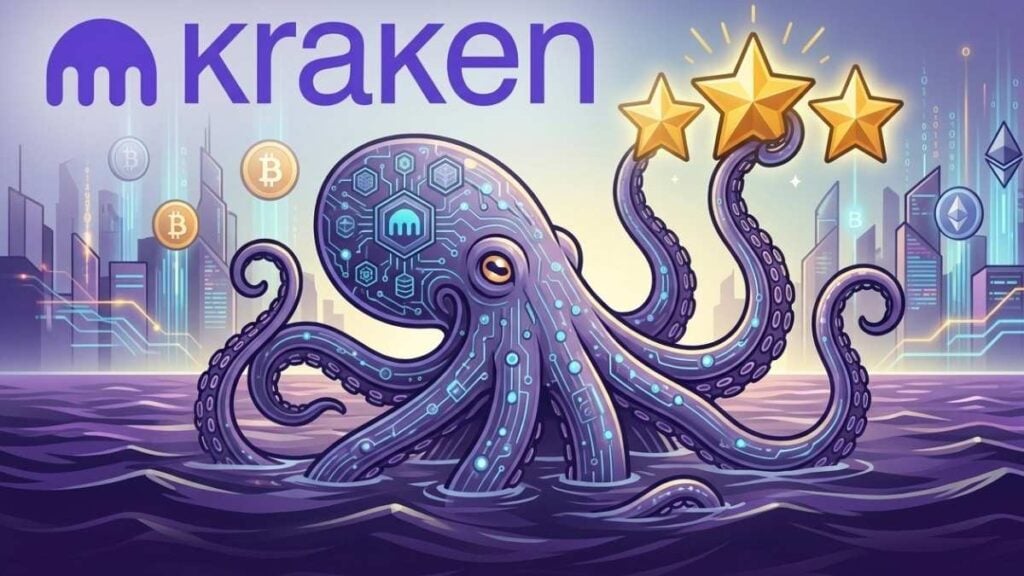 Recensione dell'exchange Kraken con logo ufficiale, illustrazione di un polpo cyberpunk e stelle di valutazione su sfondo crypto.