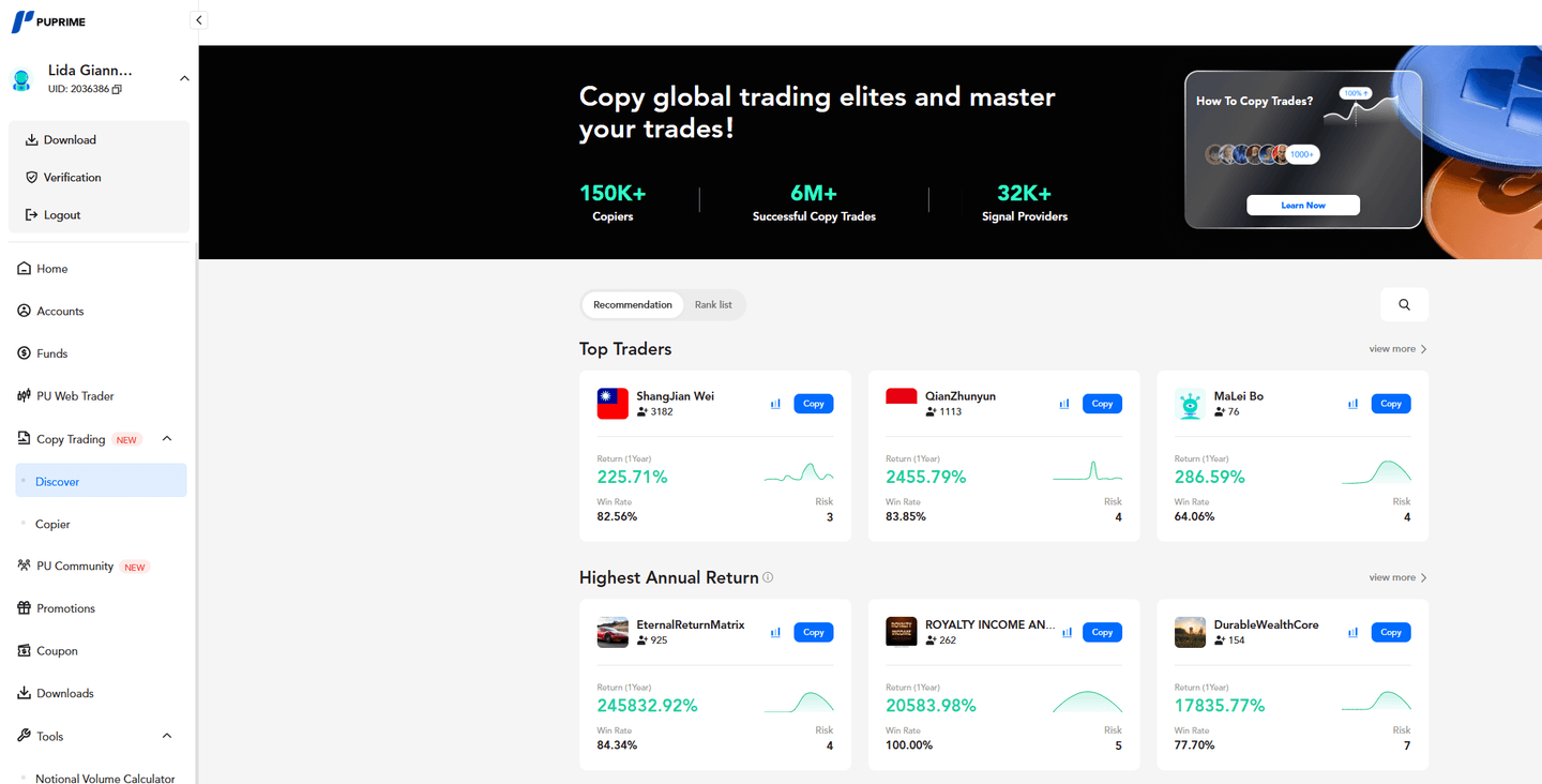 schermata del conto demo, copy trading discover