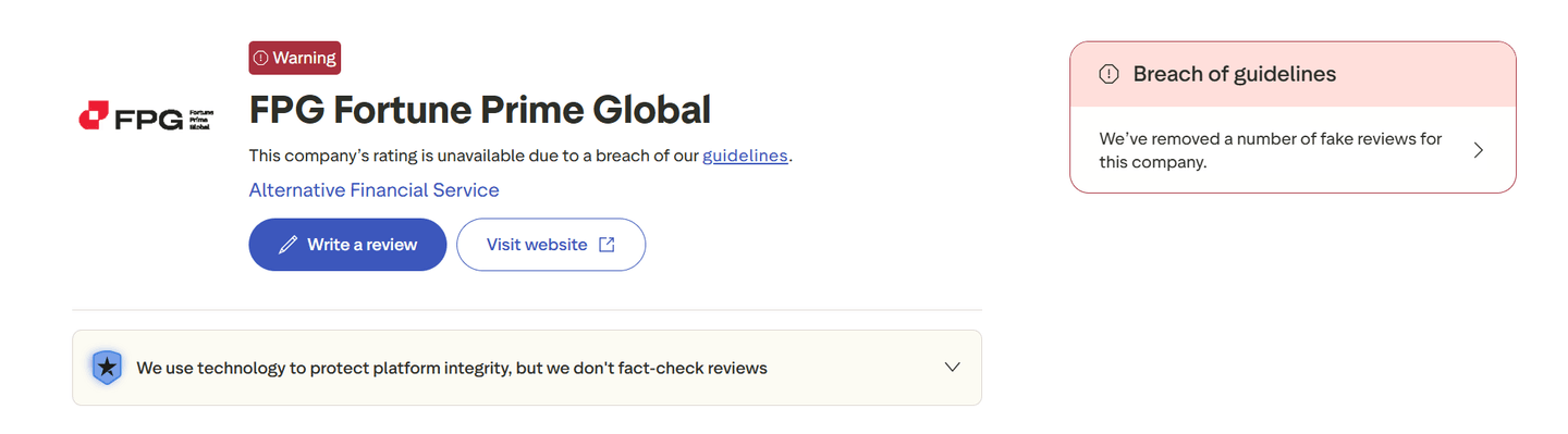 Profilo Trustpilot di Fortune Prime Global con punteggio rimosso e distribuzione delle recensioni