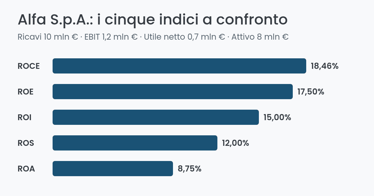 Indici di redditività di Alfa S.p.A.: ROCE, ROE, ROI, ROS e ROA